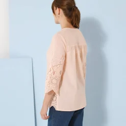 Effen bloes met 3/4-mouwen, broderie anglaise