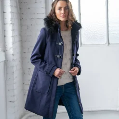 Effen duffelcoat met kap in nepbont