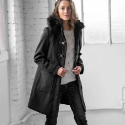 Effen duffelcoat met kap in nepbont