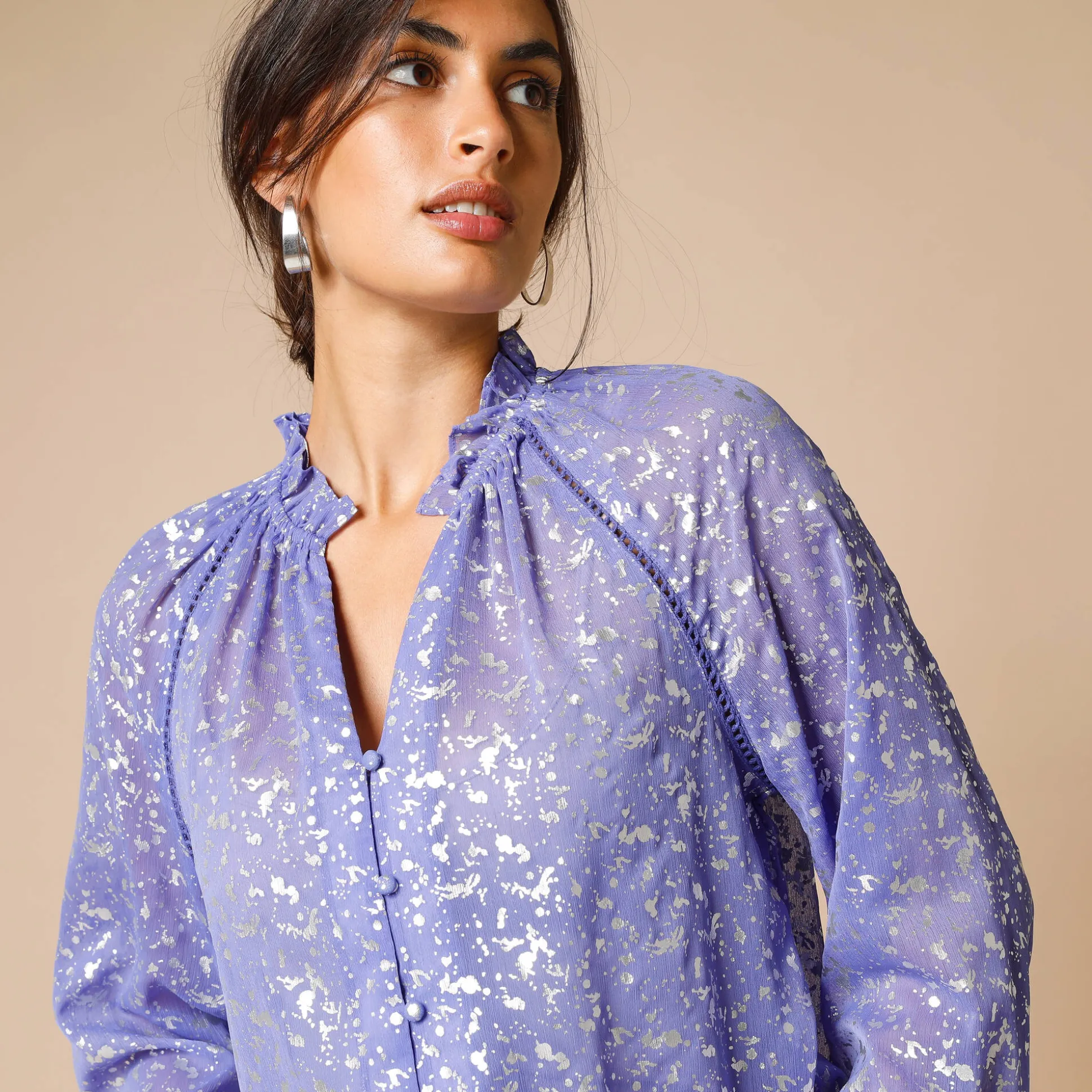 Effen hemd in voile, zilverkleurig opdruk