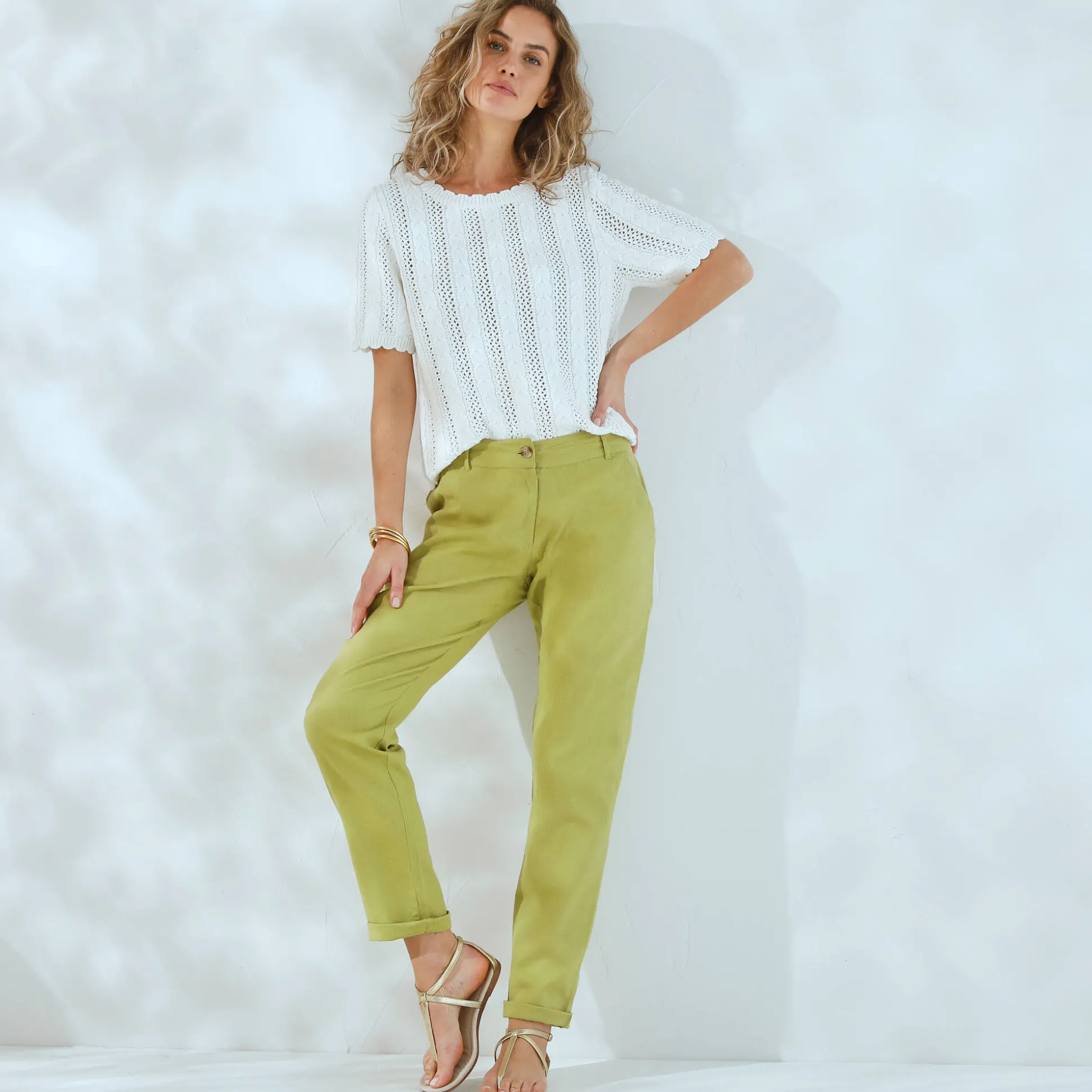 Effen mom fit broek in katoen-linnen