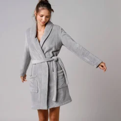 Effen peignoir in fleece met pluchetouch - 92 cm lang, lange mouwen