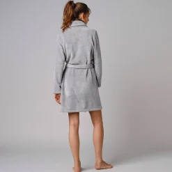 Effen peignoir in fleece met pluchetouch - 92 cm lang, lange mouwen