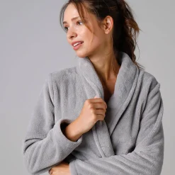Effen peignoir in fleece met pluchetouch - 92 cm lang, lange mouwen