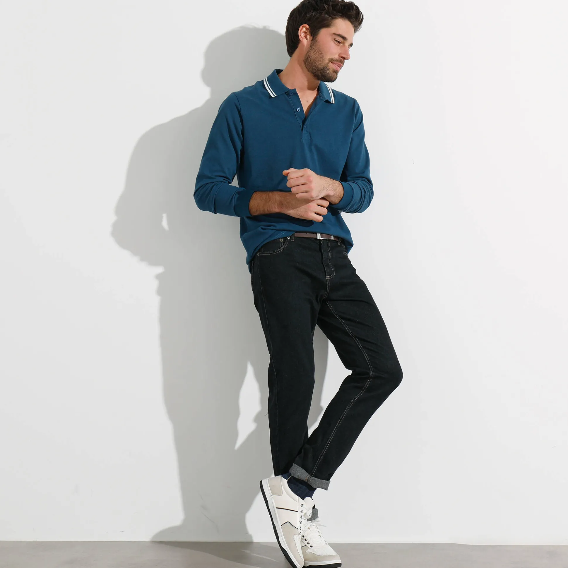 Effen polo in piquétricot met lange mouwen