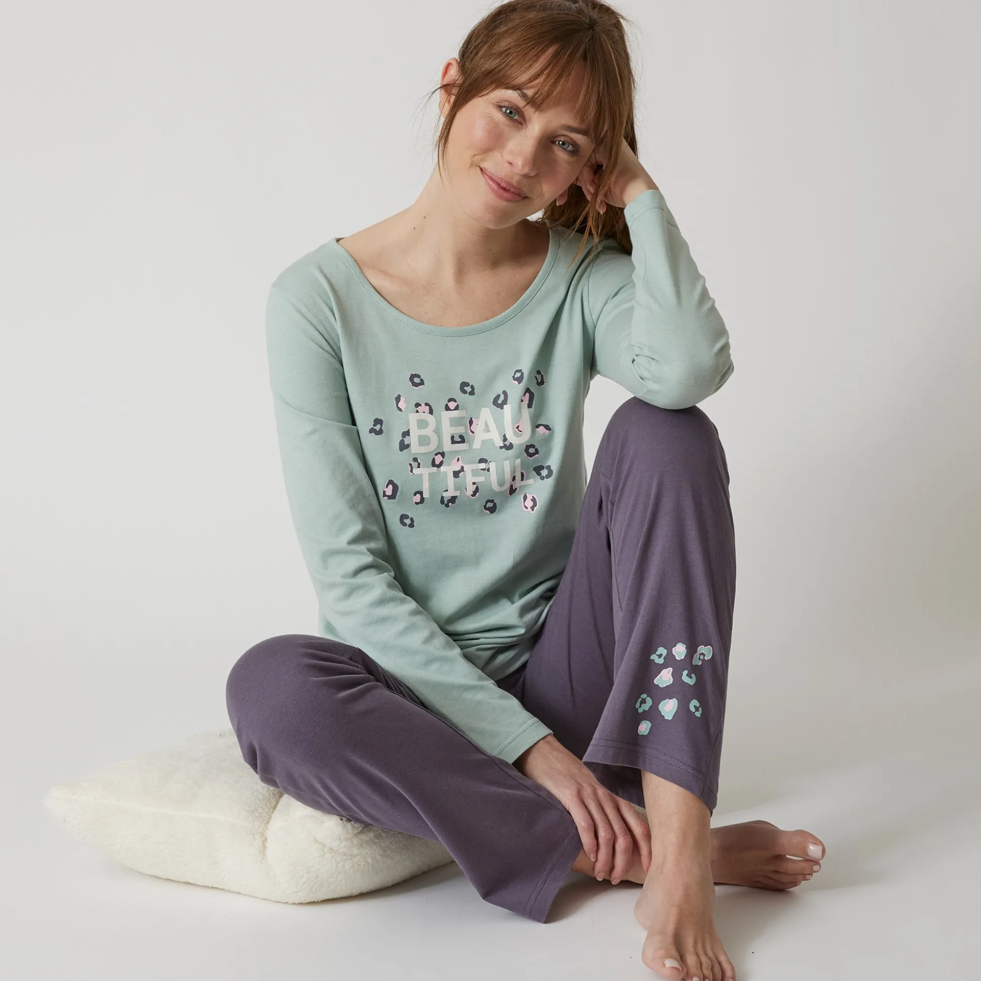 Effen pyjamabroek in katoen met geplaatste print "Beautiful"