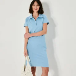 Effen, rechte jurk met polokraag, stretchtricot