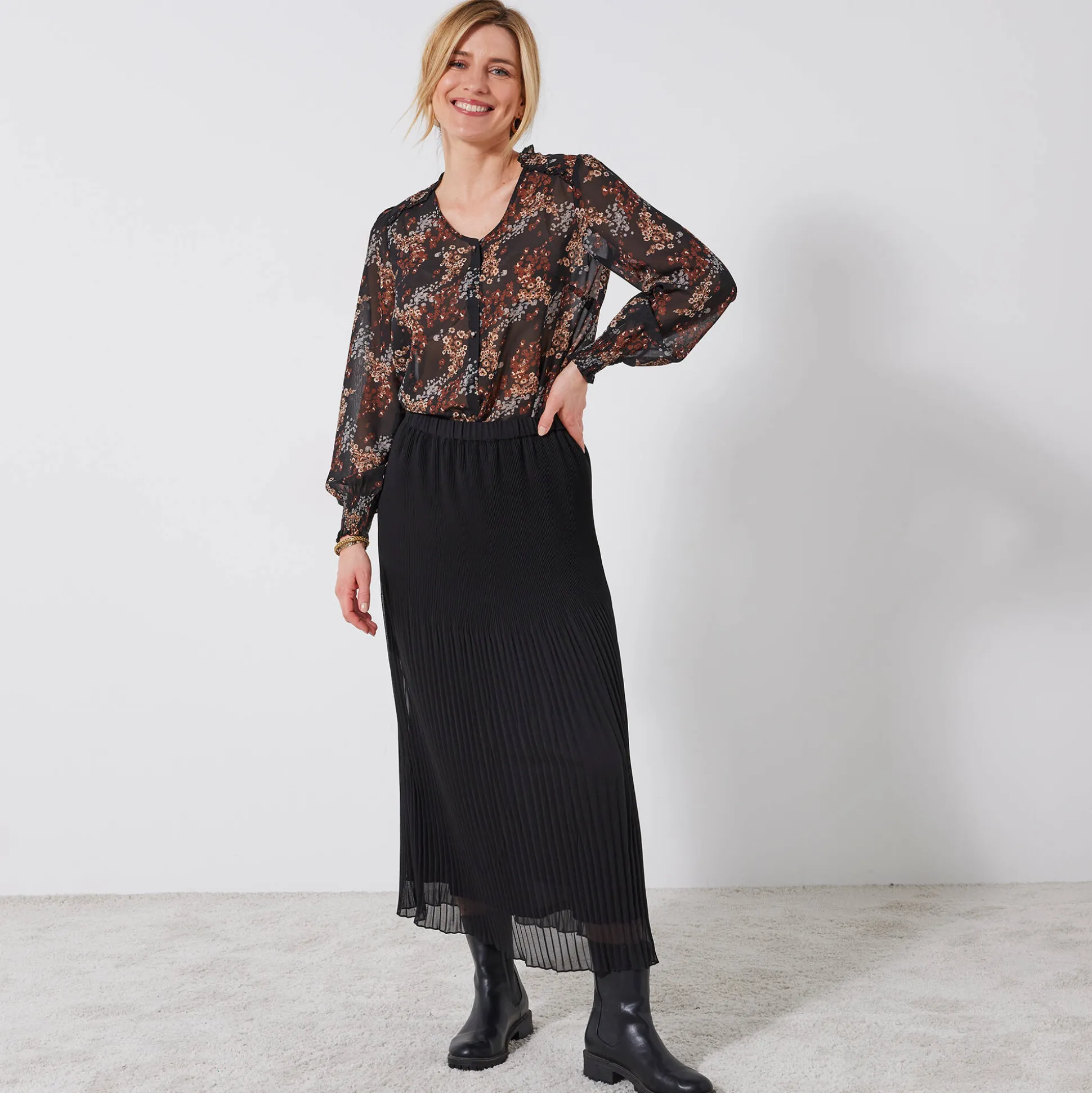 Effen rok in plissévoile, gerecycleerd polyester(**) - grote lengte