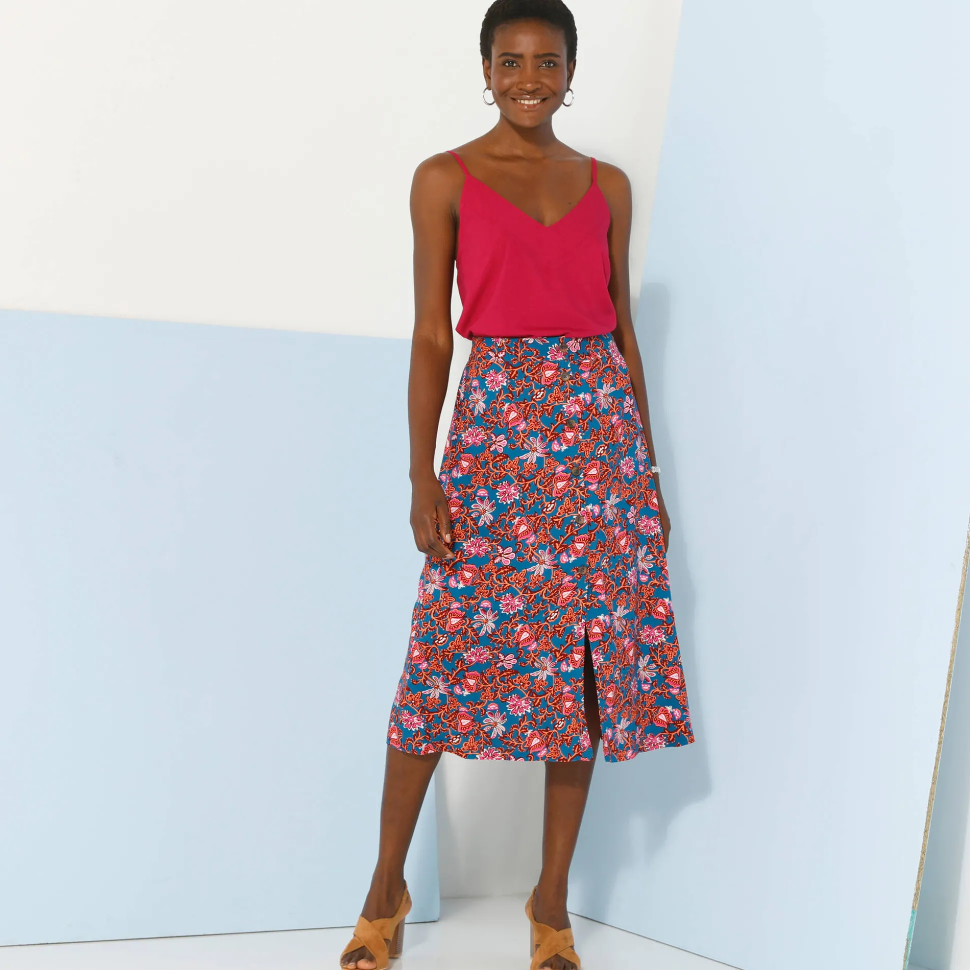 Effen rok met knopen en bloemenprint, viscose