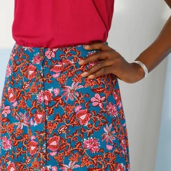Effen rok met knopen en bloemenprint, viscose