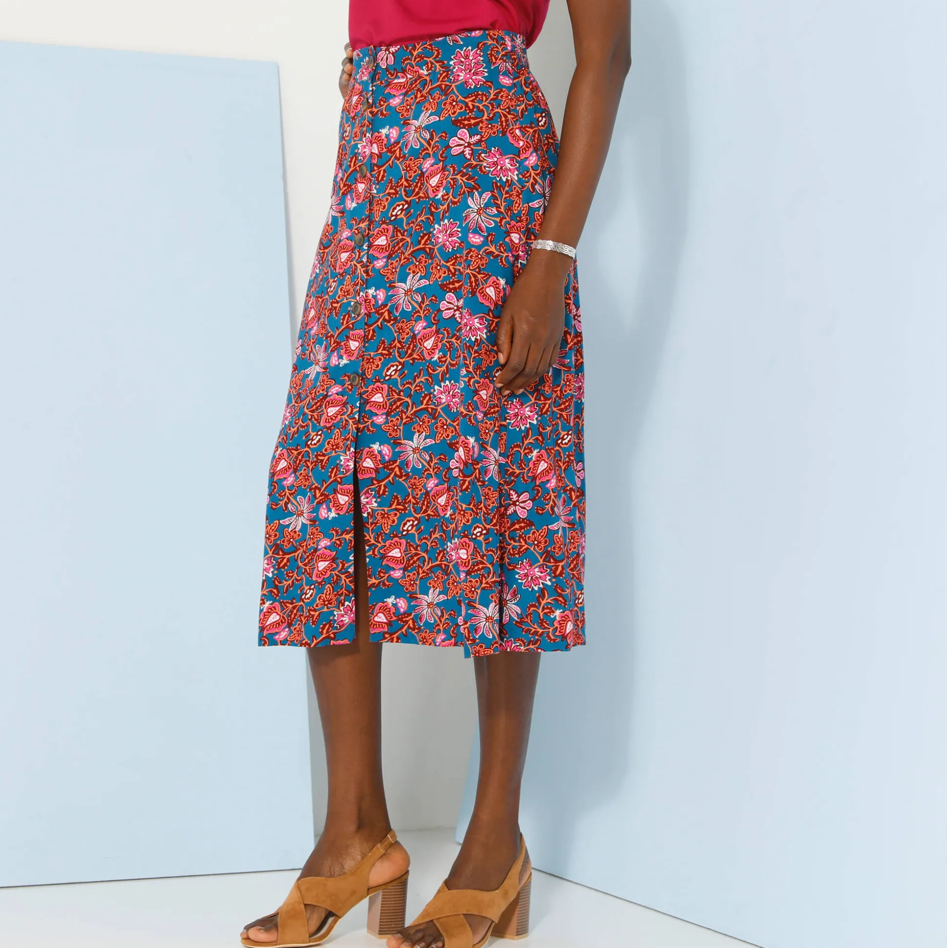 Effen rok met knopen en bloemenprint, viscose