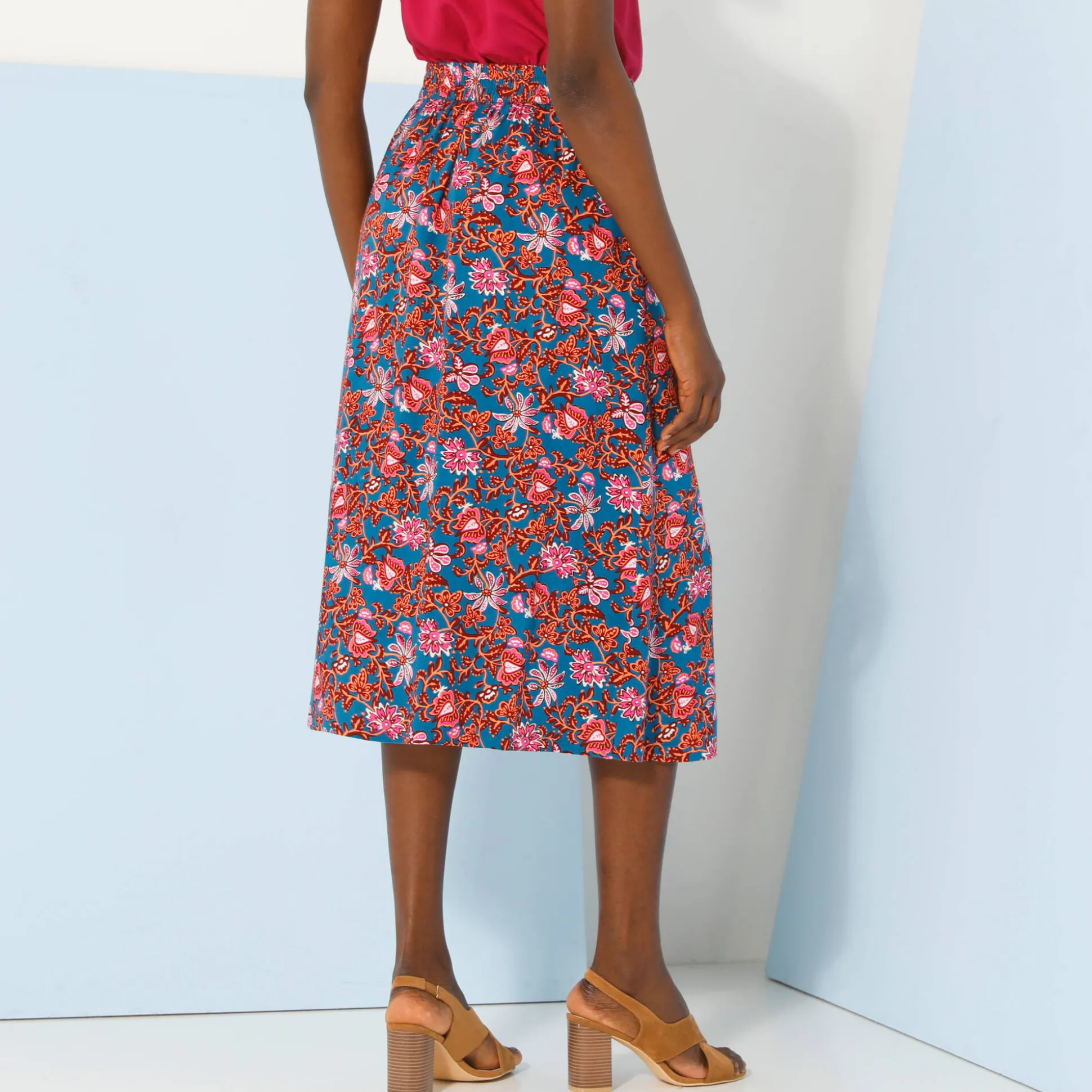 Effen rok met knopen en bloemenprint, viscose