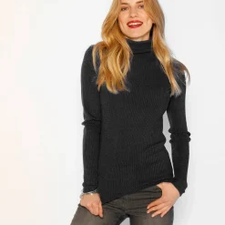 Effen rolkraagtrui in ribbeltricot<br>