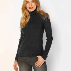 Effen rolkraagtrui in ribbeltricot<br>