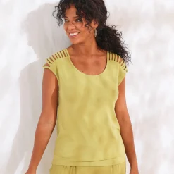 Effen tricot t-shirt met vetersluiting op de schouders