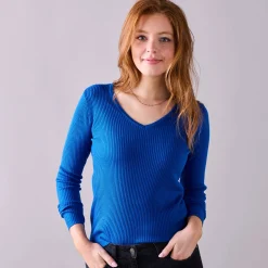 Effen trui in ribbeltricot met V-hals