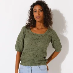 Effen trui met vierkante hals, ajourtricot