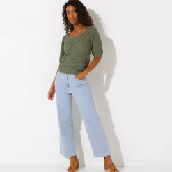 Effen trui met vierkante hals, ajourtricot