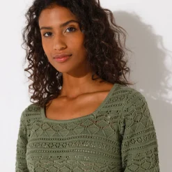 Effen trui met vierkante hals, ajourtricot