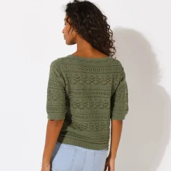 Effen trui met vierkante hals, ajourtricot