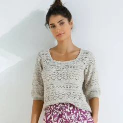 Effen trui met vierkante hals, ajourtricot