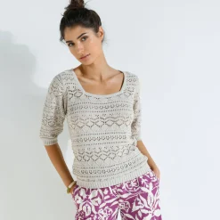 Effen trui met vierkante hals, ajourtricot