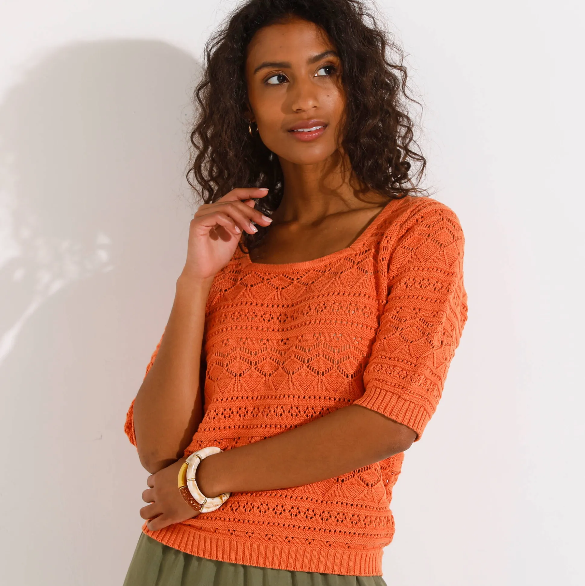 Effen trui met vierkante hals, ajourtricot