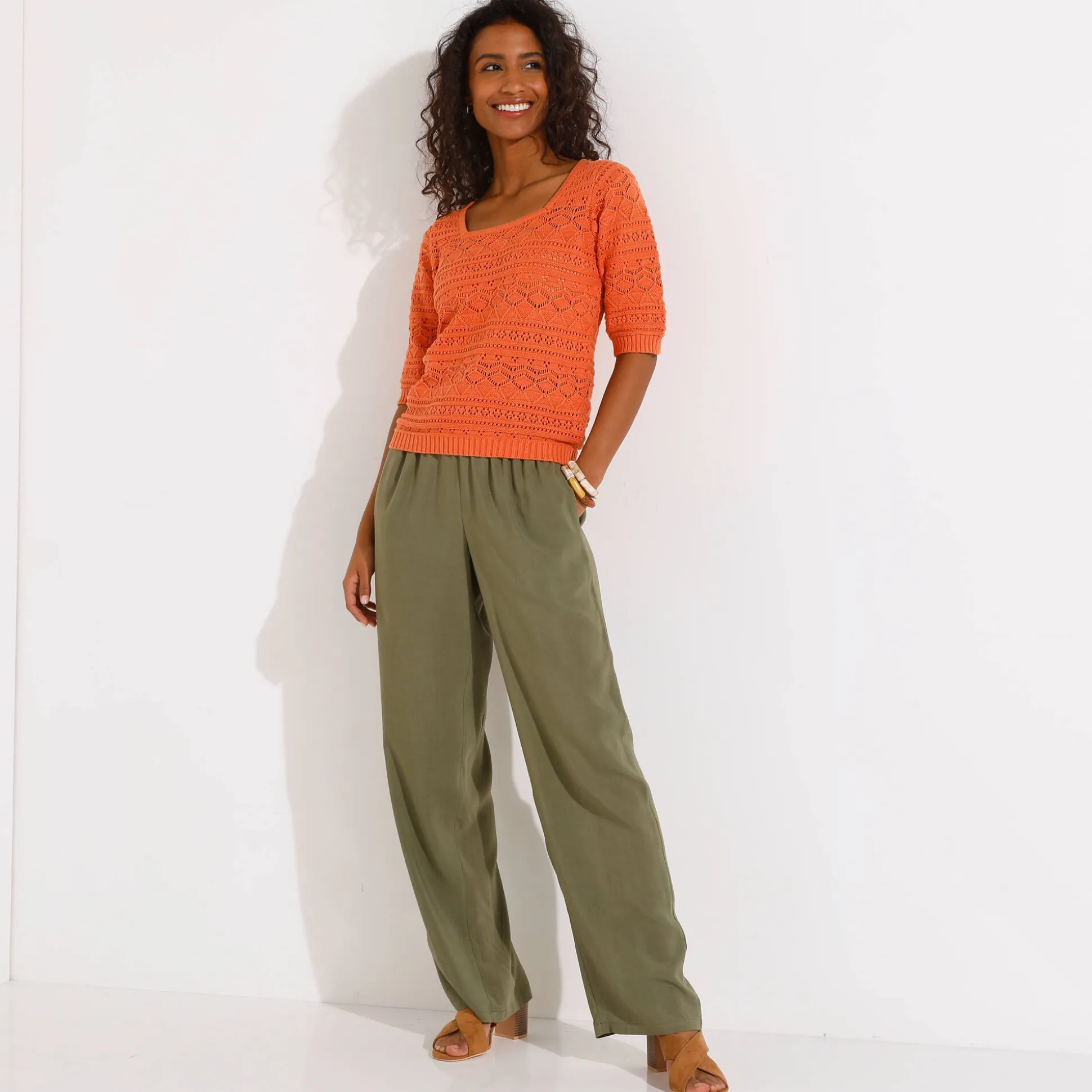 Effen trui met vierkante hals, ajourtricot