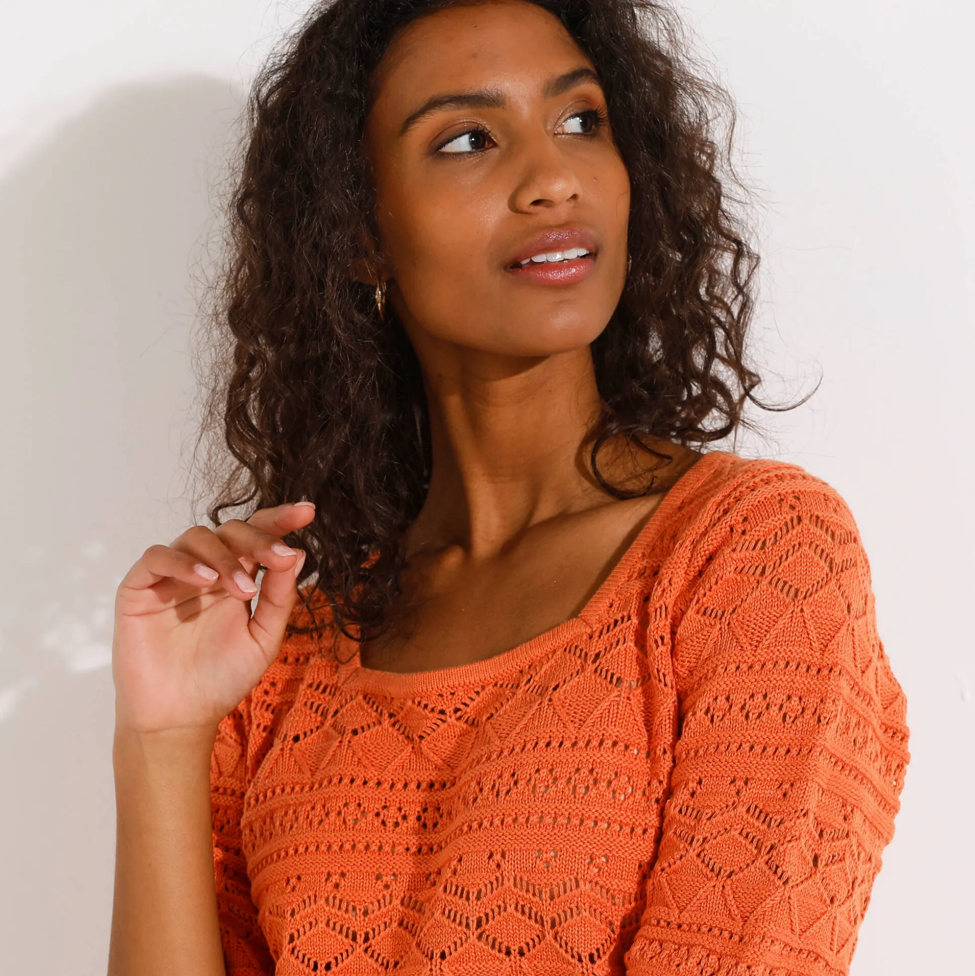 Effen trui met vierkante hals, ajourtricot