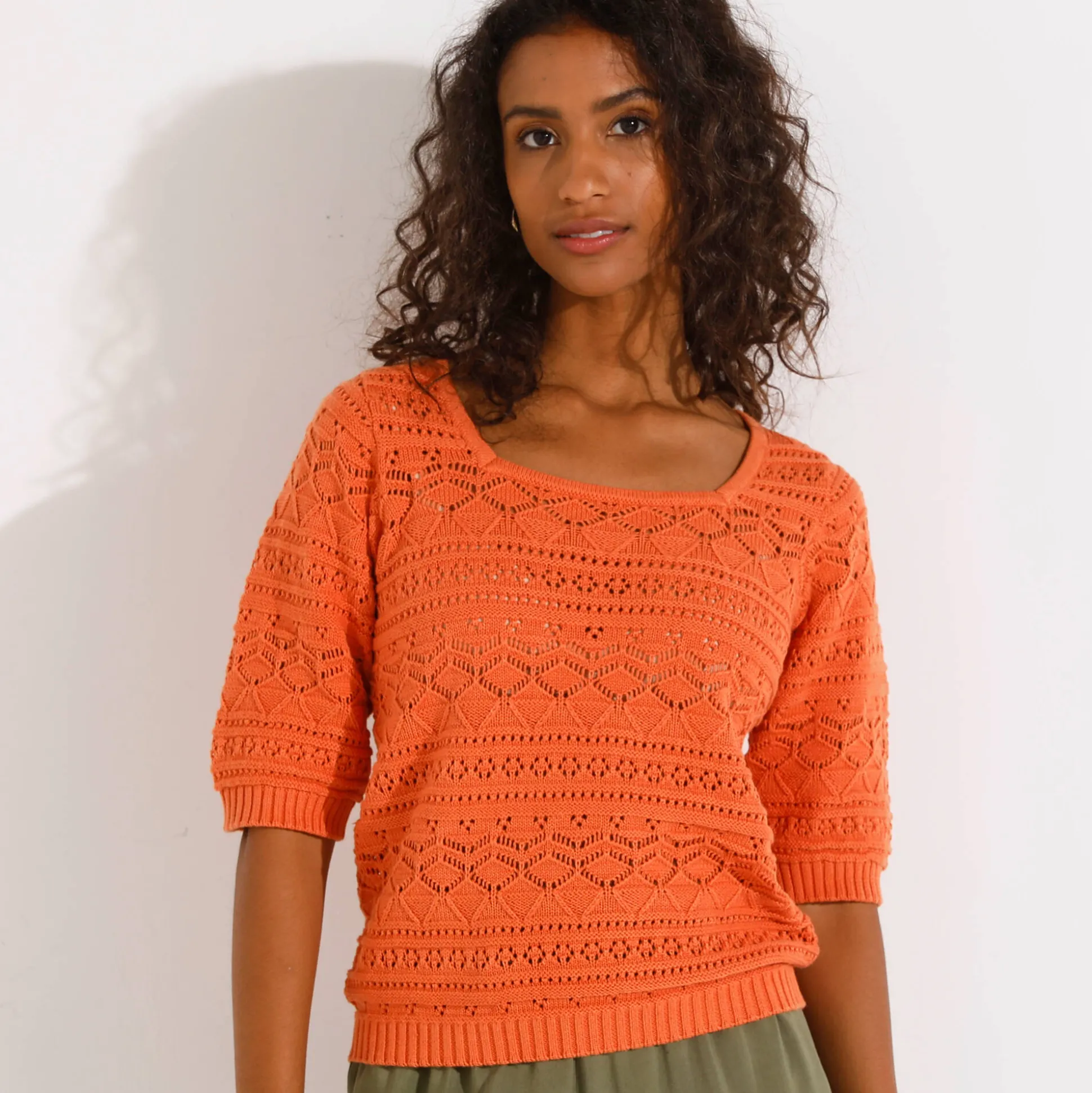 Effen trui met vierkante hals, ajourtricot