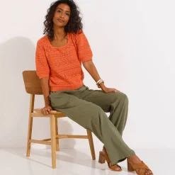 Effen trui met vierkante hals, ajourtricot