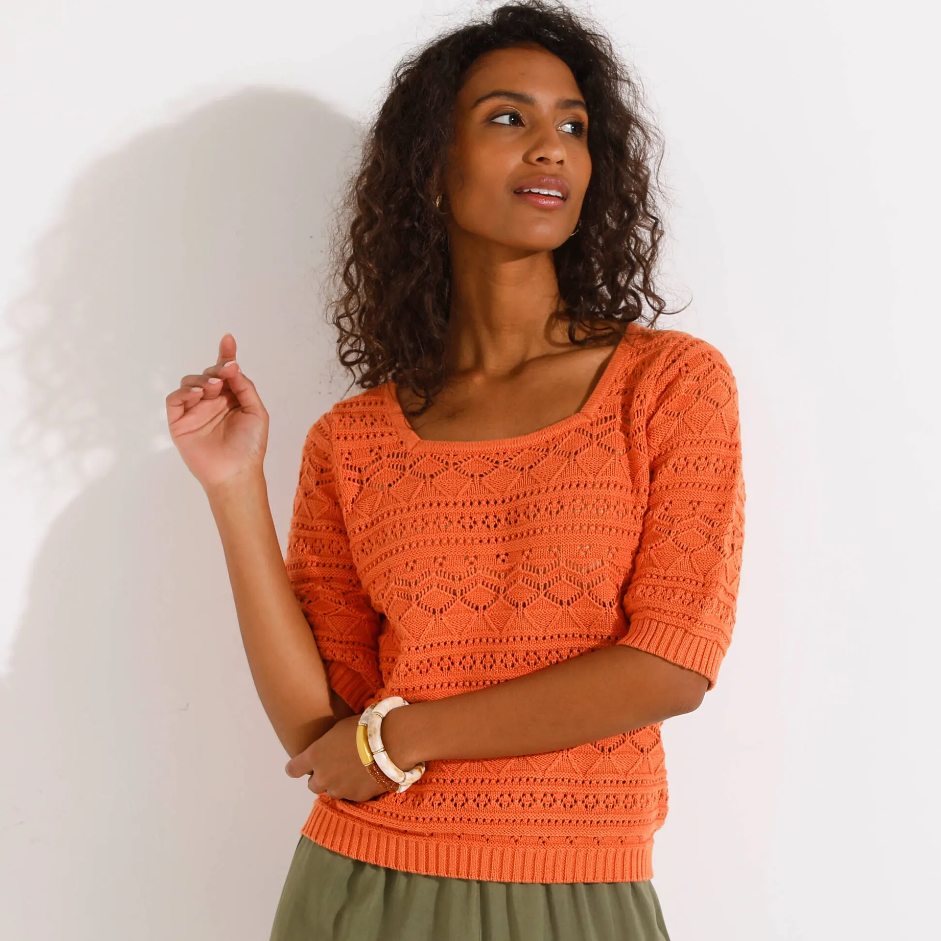 Effen trui met vierkante hals, ajourtricot
