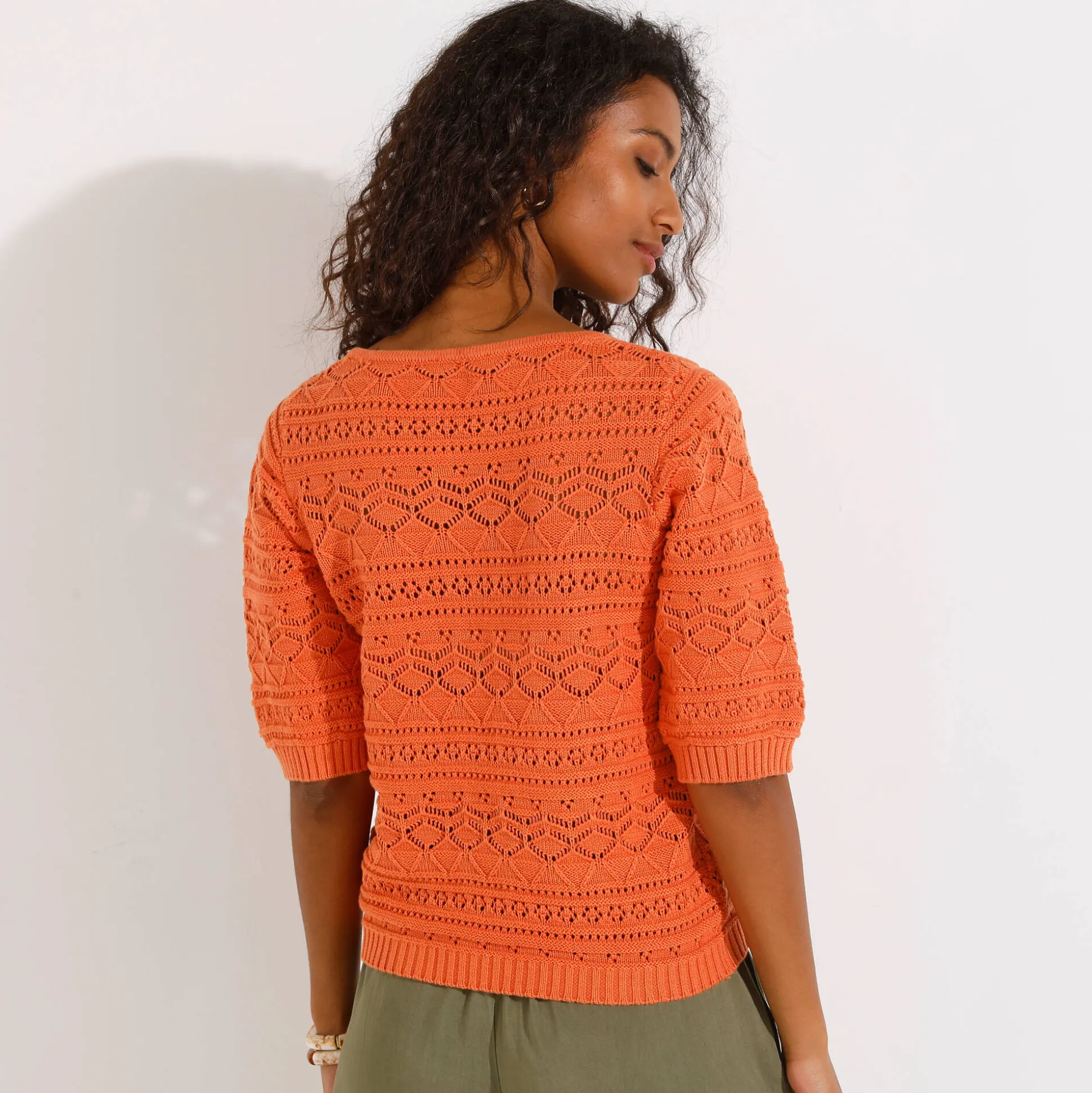 Effen trui met vierkante hals, ajourtricot