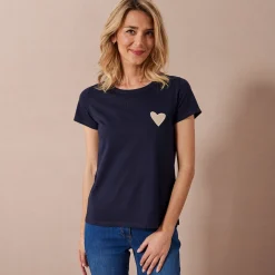 Effen T-shirt met 'hart' borduursel, korte mouwen