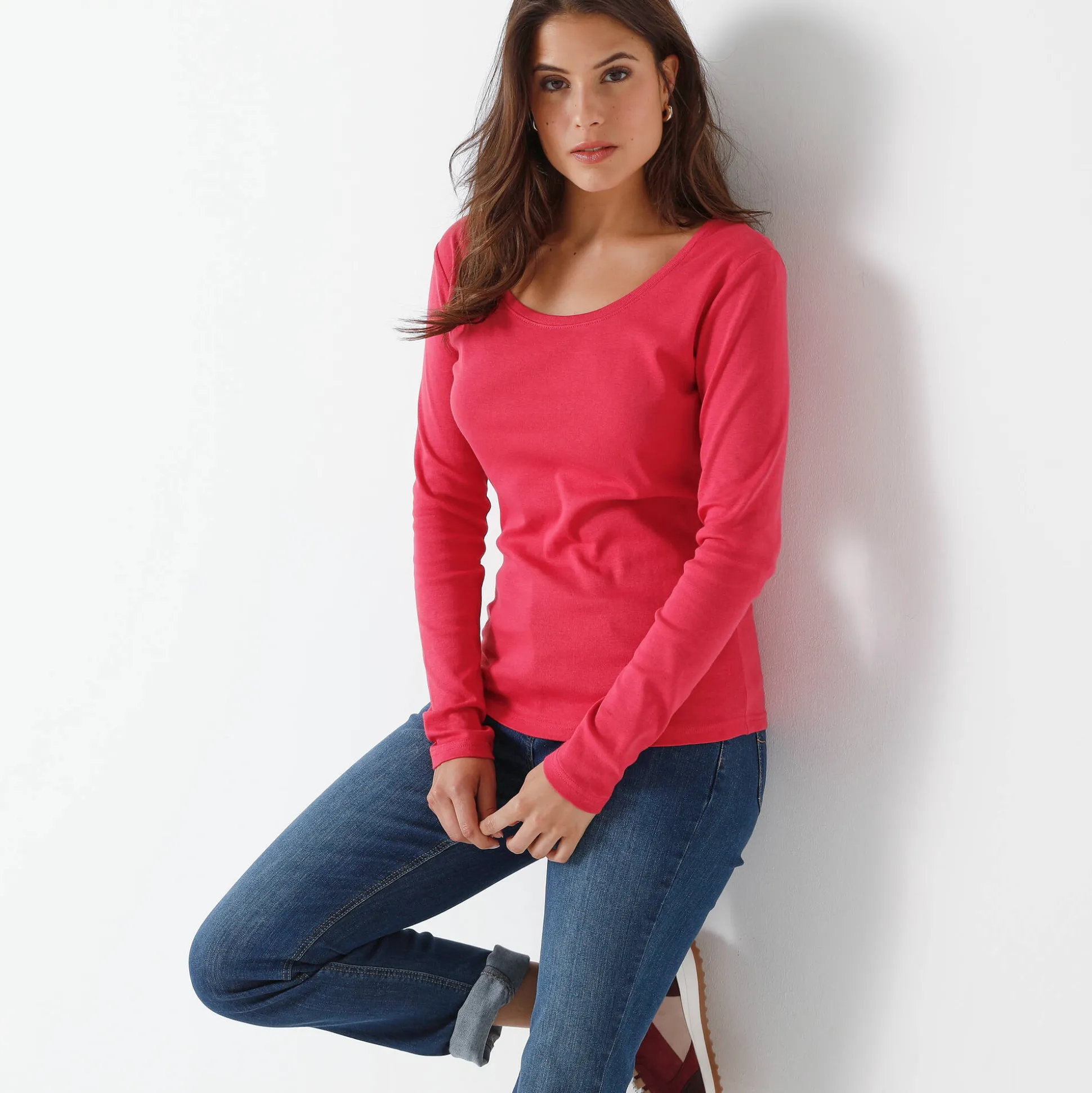 Effen T-shirt met lange mouwen in biokatoen(**)