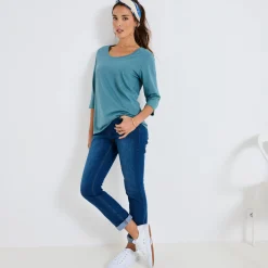 Effen T-shirt met 3/4-mouwen en ronde hals, katoen