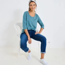 Effen T-shirt met 3/4-mouwen en ronde hals, katoen