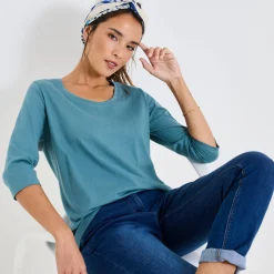 Effen T-shirt met 3/4-mouwen en ronde hals, katoen