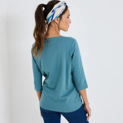 Effen T-shirt met 3/4-mouwen en ronde hals, katoen