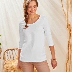 Effen T-shirt met 3/4-mouwen en ronde hals, katoen