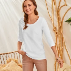Effen T-shirt met 3/4-mouwen en ronde hals, katoen