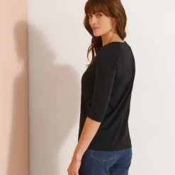 Effen T-shirt met 3/4-mouwen en ronde hals, katoen