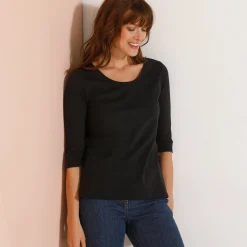 Effen T-shirt met 3/4-mouwen en ronde hals, katoen