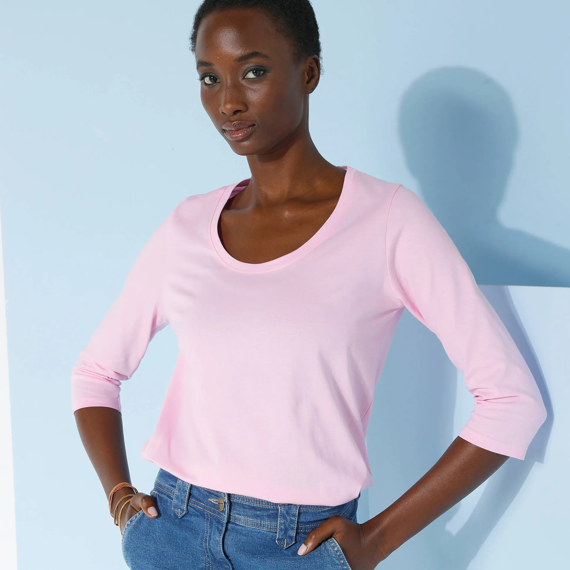 Effen T-shirt met 3/4-mouwen en ronde hals, katoen