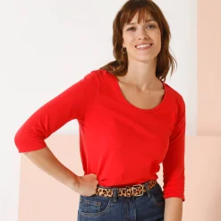 Effen T-shirt met 3/4-mouwen en ronde hals, katoen