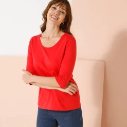 Effen T-shirt met 3/4-mouwen en ronde hals, katoen