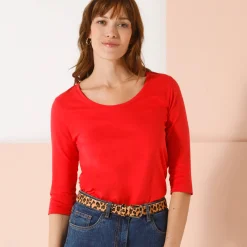 Effen T-shirt met 3/4-mouwen en ronde hals, katoen