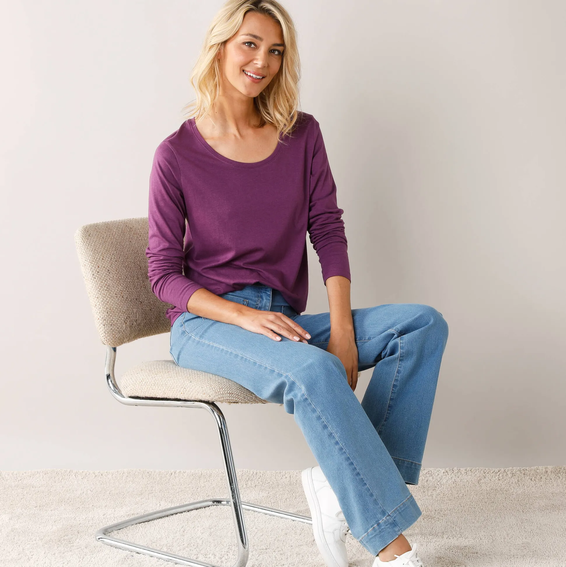 Effen T-shirt met ronde hals en lange mouwen