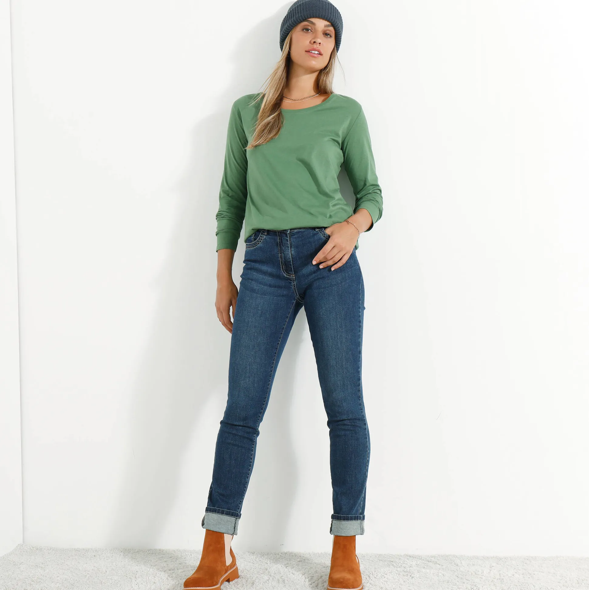 Effen T-shirt met ronde hals en lange mouwen