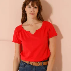 Effen T-shirt met Tunesische hals, katoen